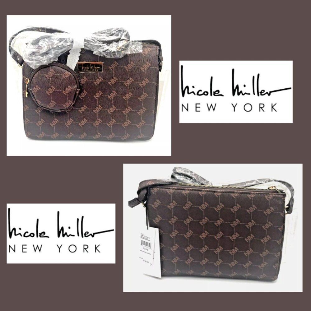 NWT - Nicole Miller Brown Monogram Crossbody Purse with Coin Pouch